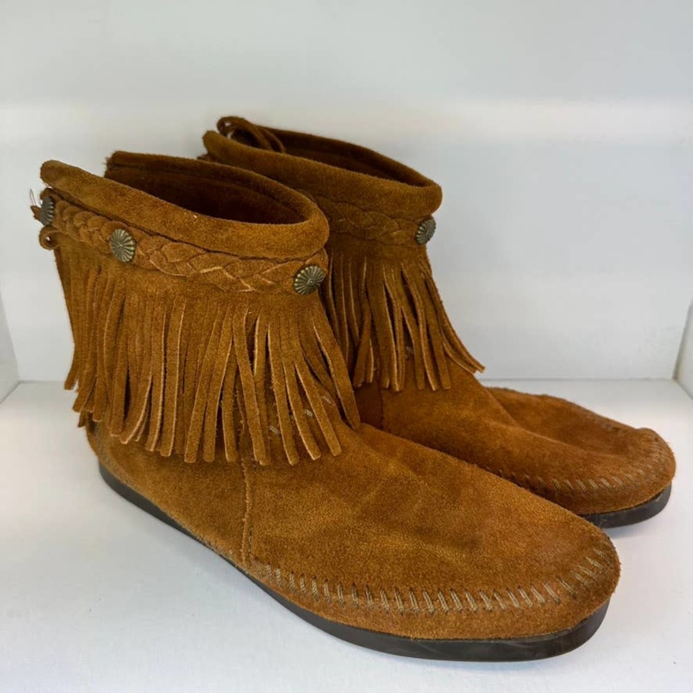 Minnetonka Moccasins Womens 9 Brown Double Fringe Tassel Booties Side Zip